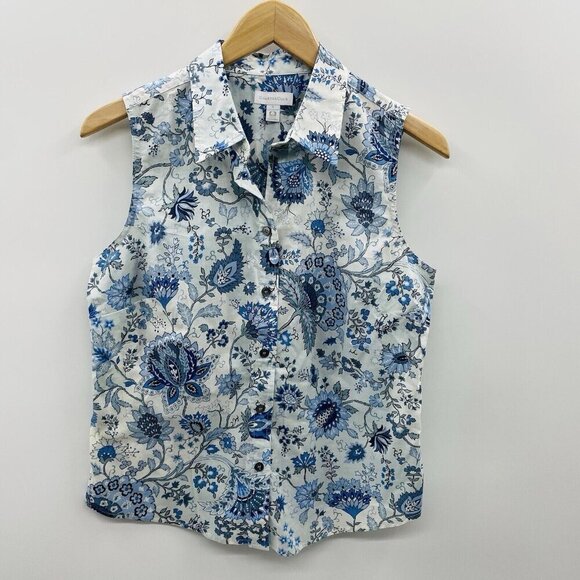 Charter Club Womens Size 8 Floral Print Sleeveless Button-Down Shirt Blue 2644 - Picture 1 of 5
